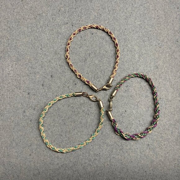 Woven Twisted Cord Bracelet Trio 7 In Gray Purple Turquoise Silver Versatile 70s - Picture 3 of 5